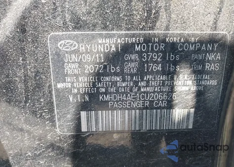 2012 Hyundai Elantra Gls (Ulsan Plant) from USA, damaged, VIN KMHDH4AE1CU206626